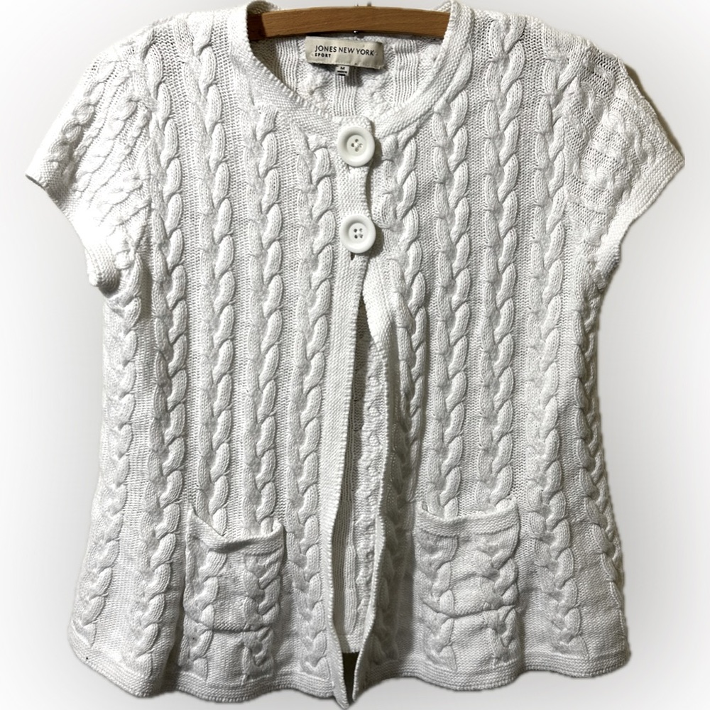 Jones New York white cable knit open front linen blend beachy cardigan sweater M
